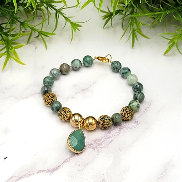 Hand Crafted Jewelry - Amazonite Green & Gold Bracelet with Bangles